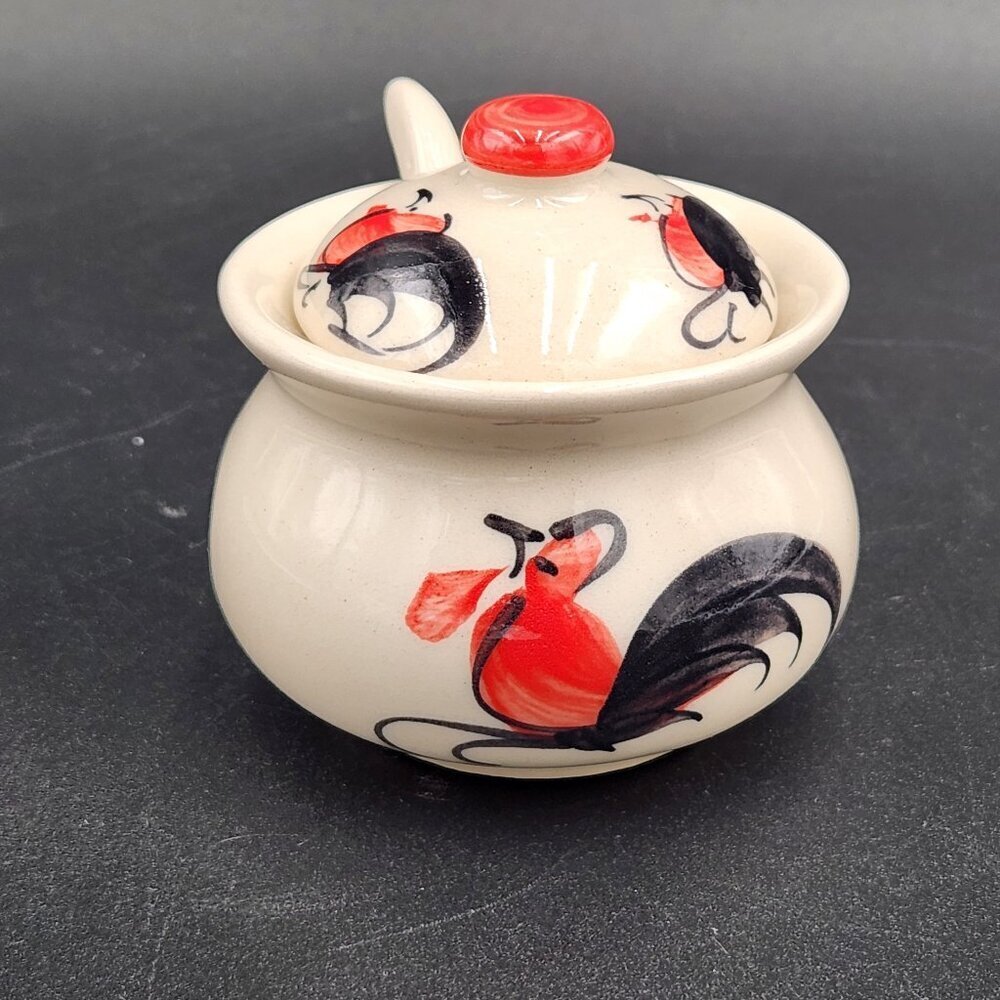 Ceramic Red Rooster MCM Vintage Condiment Jar w/Lid & Spoon EUC